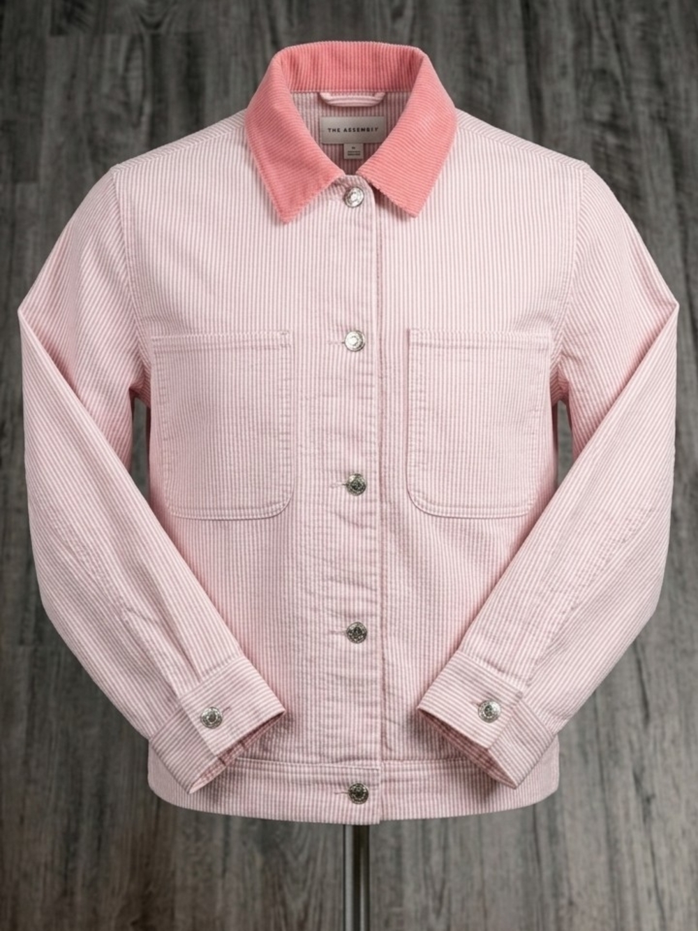 Free Assembly Women's Pink Stripe Corduroy Denim Trucker Jacket - Picture 3 of 9
